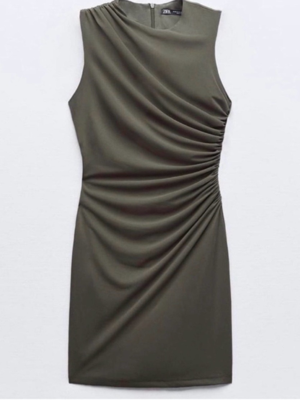 Zara Olive Sleeveless Ruched Mini Dress - Picture 2 of 9